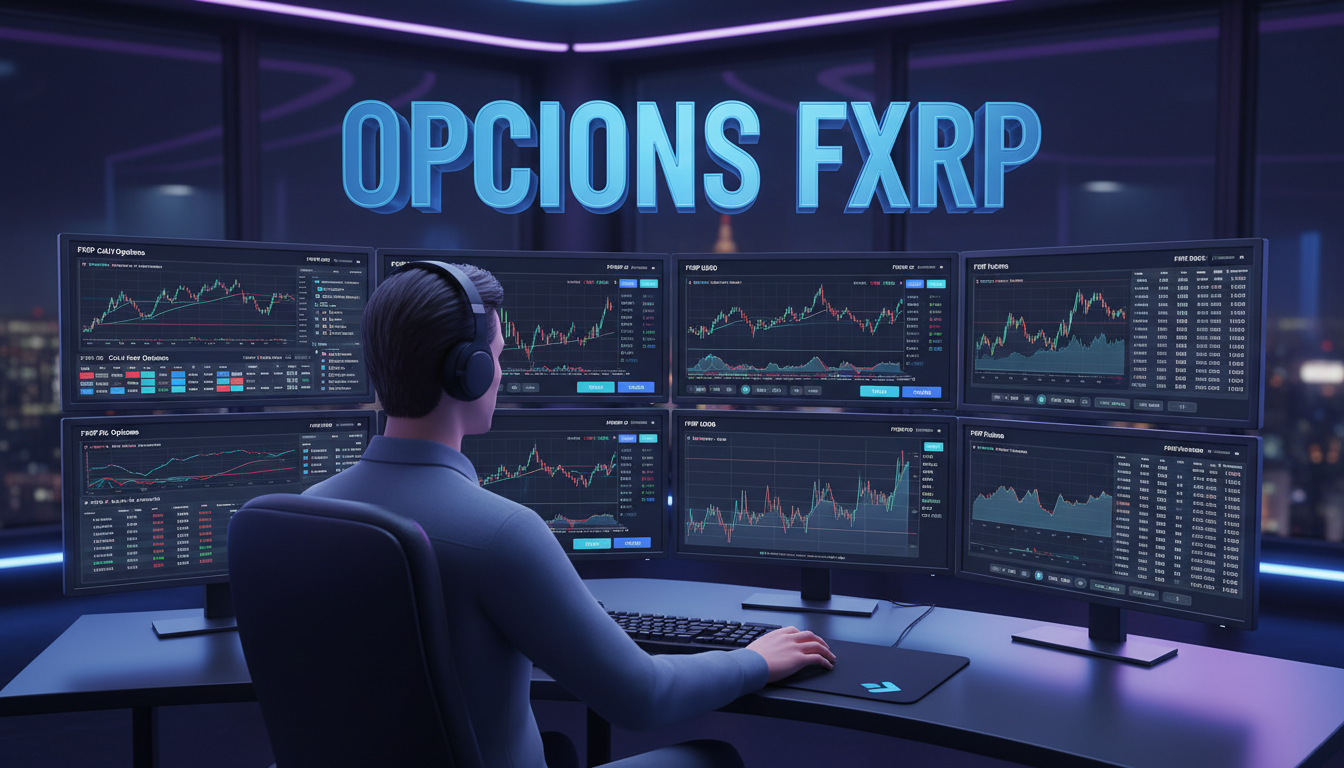 Trader 3D utilizando FXRP en Derive con gráficos de opciones sobre fondo azul.