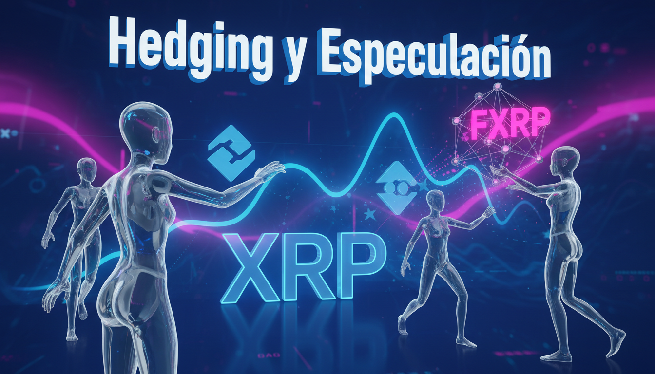 Grupo de personas 3D interactuando con gráficos de XRP y FXRP en un entorno dinámico.