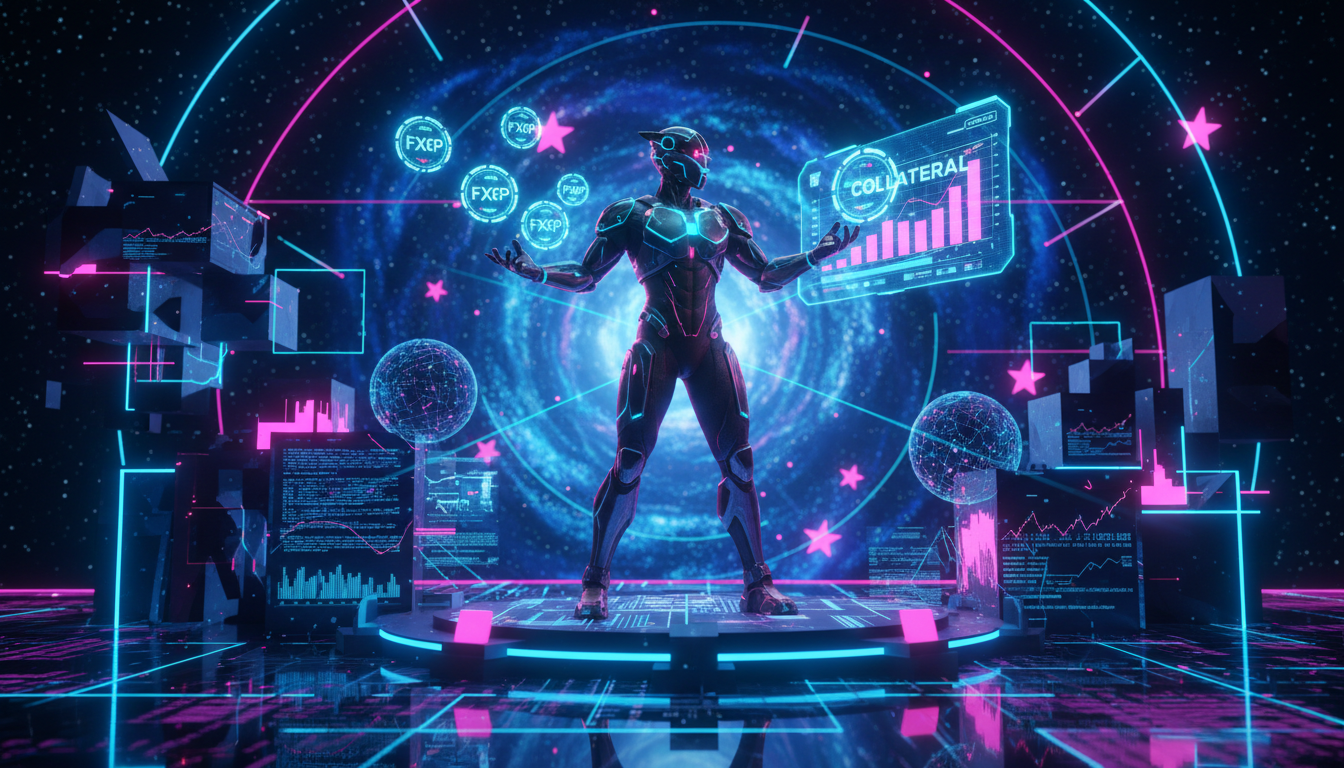 Personaje 3D utilizando FXRP como colateral en un entorno DeFi dinámico.