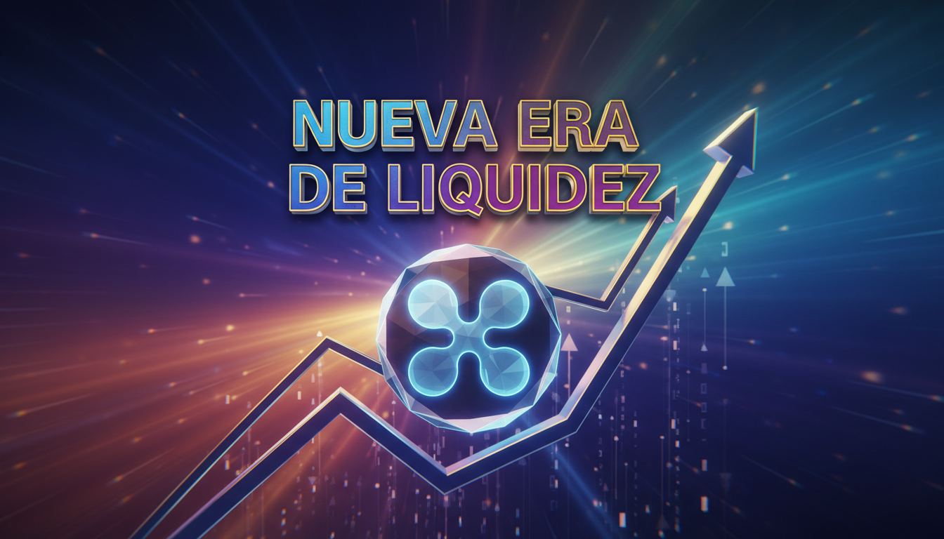 Gráfico 3D en ascenso con XRP y el texto 'Nueva Era de Liquidez'.