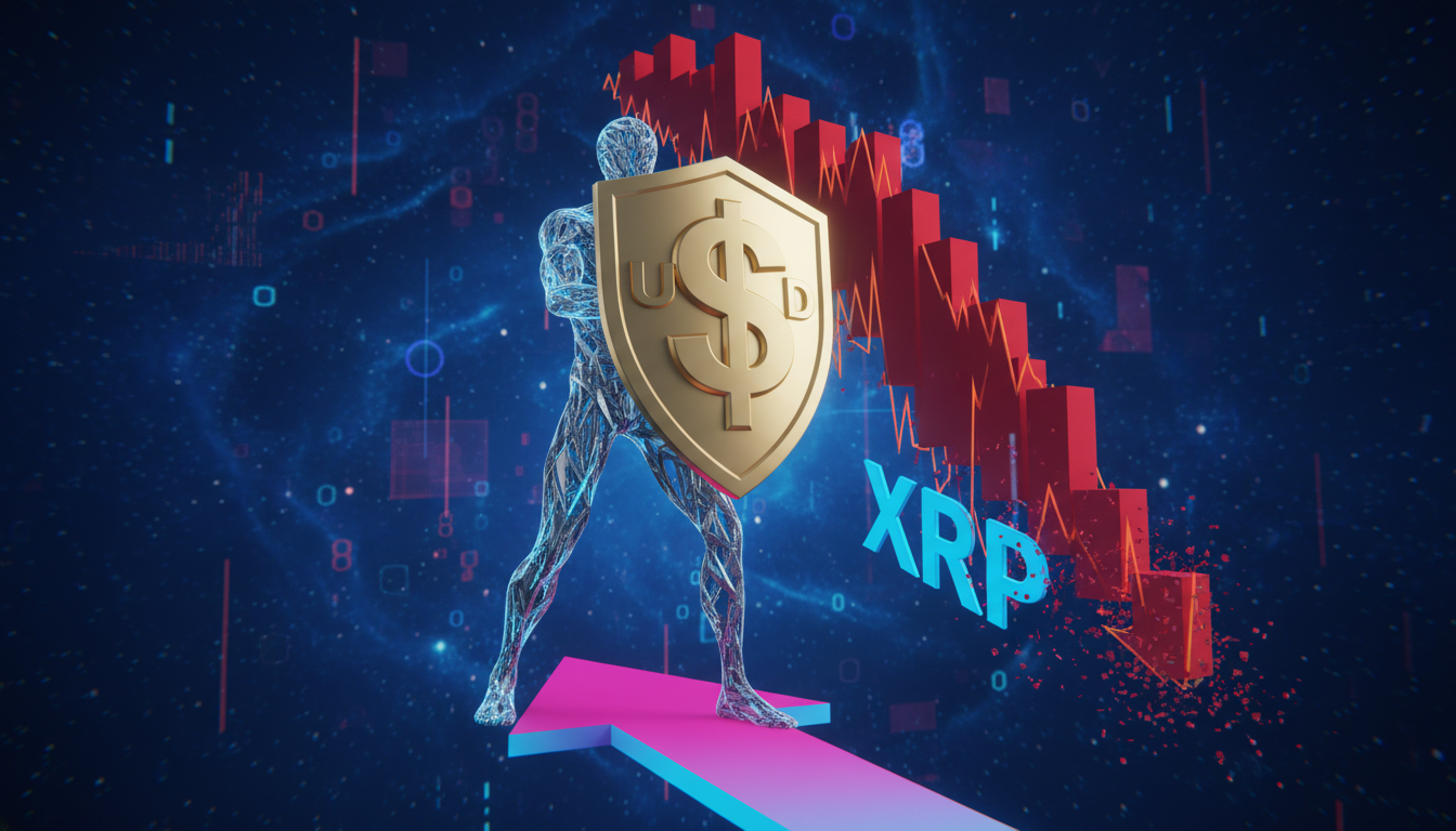 Figura estilizada defendiendo un dólar gigante sobre un gráfico de XRP en caída.