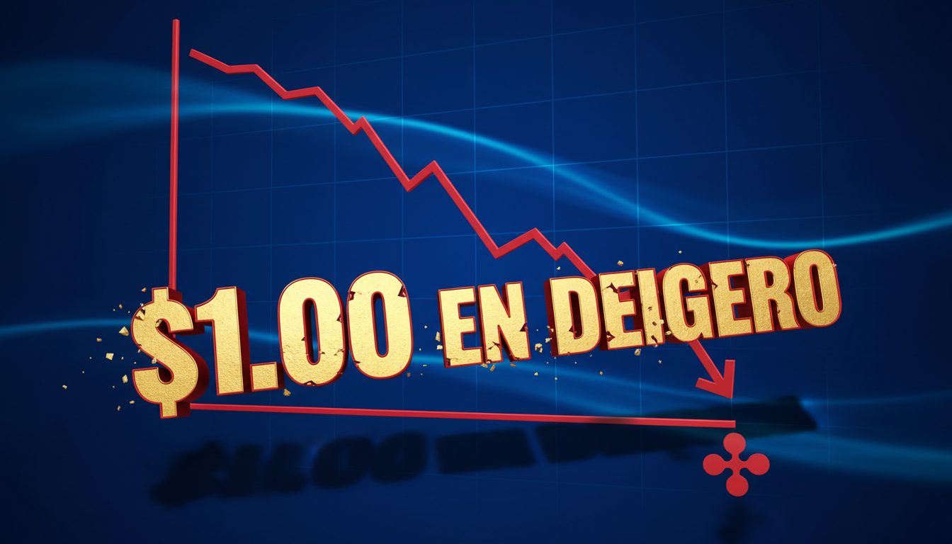 Gráfico 3D de XRP descendiendo con un texto grande que dice '$1.00 en peligro'.