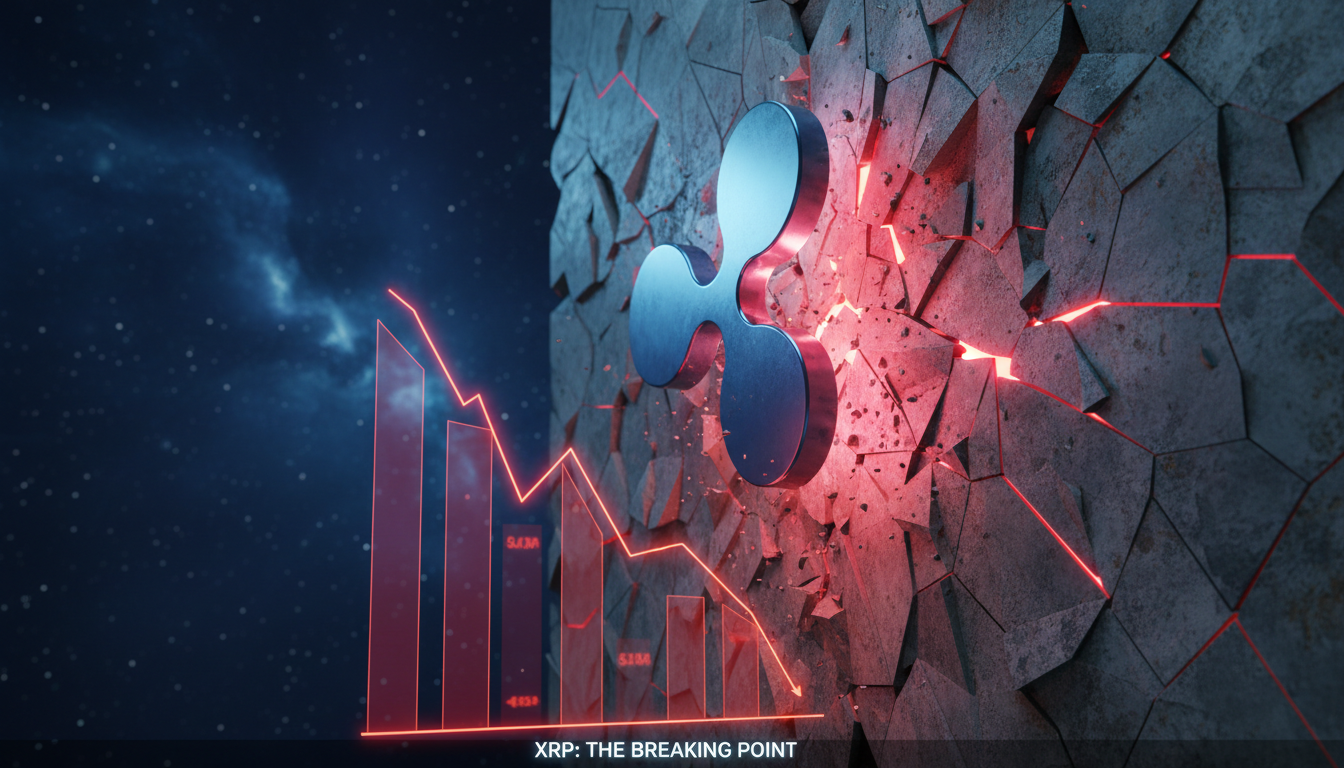 Gráfico 3D de XRP enfrentando resistencia con fondo azul y fucsia.