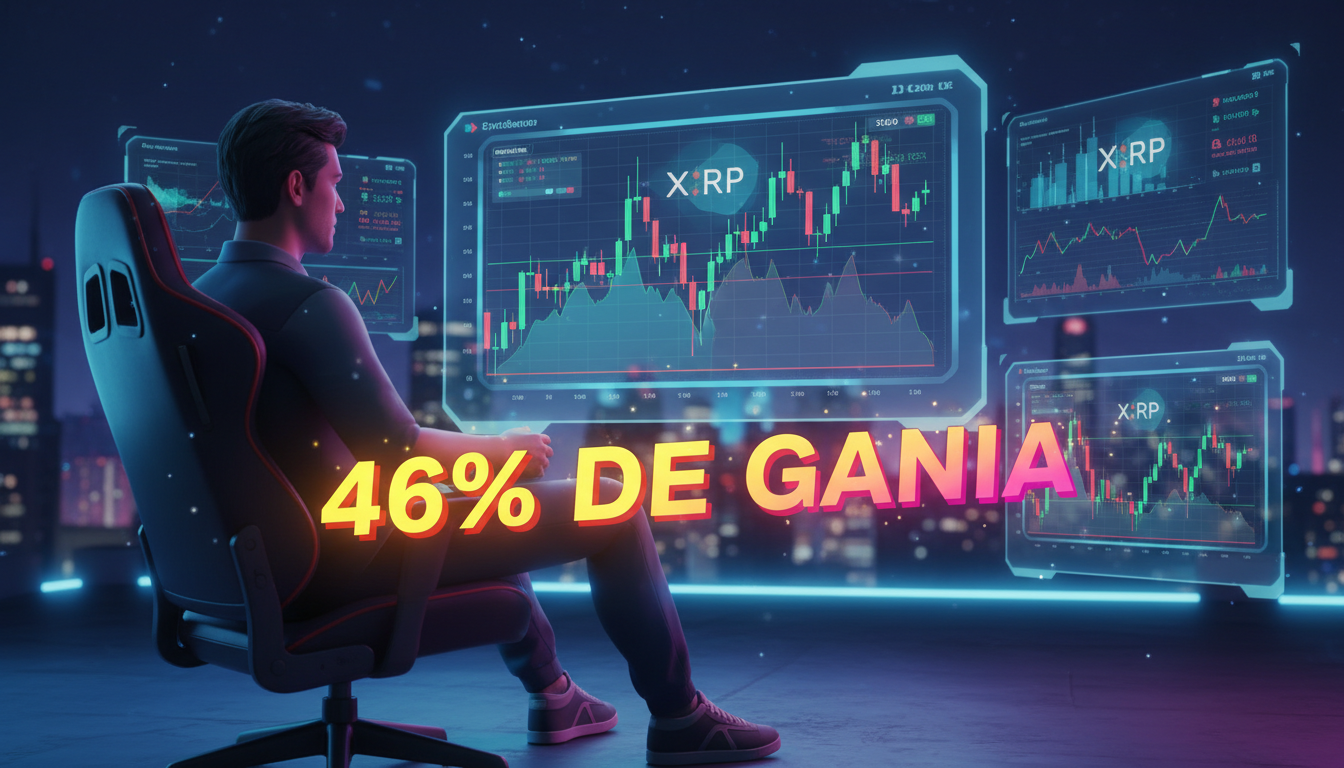 Trader 3D analizando gráficos de XRP con texto de ganancia en fondo colorido.