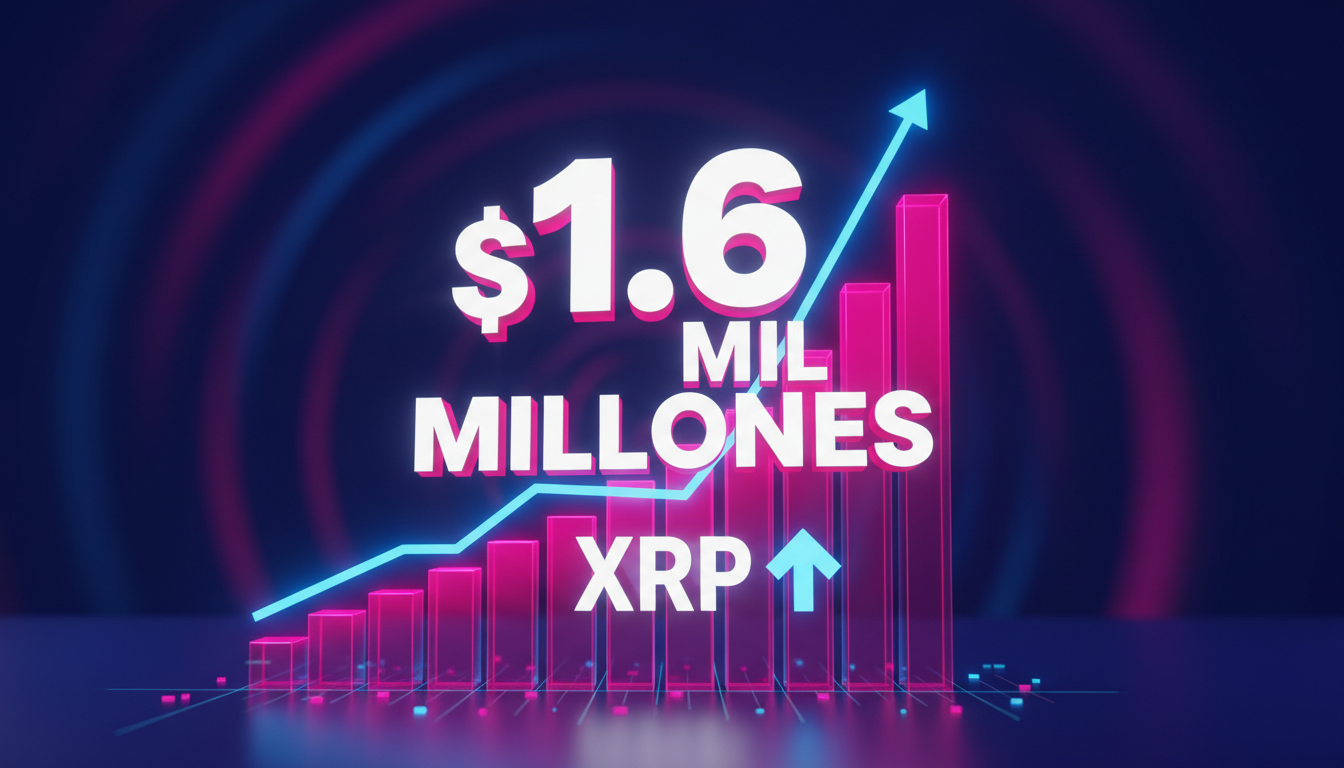 Gráfico 3D de XRP con inflows de $1.6 mil millones sobre fondo azul.