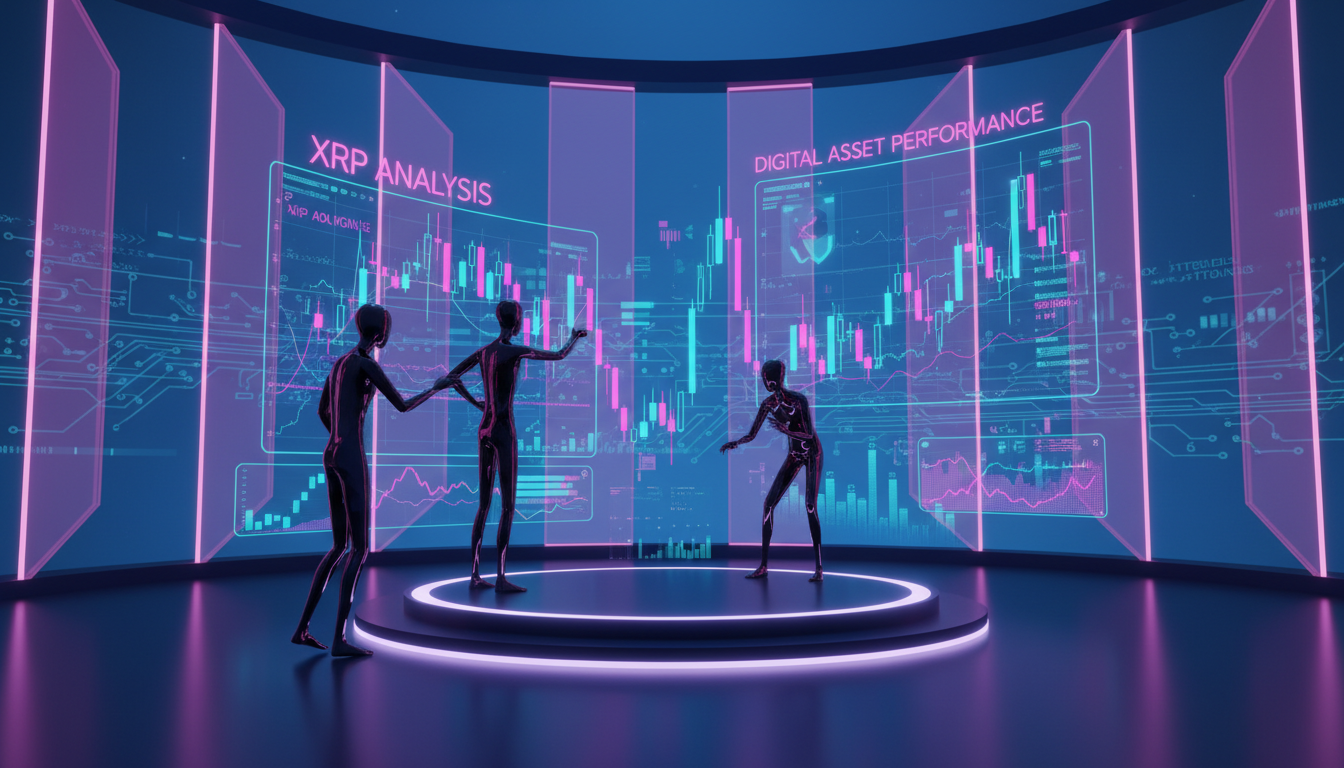 Personas 3D observando gráficos de XRP en un entorno de inversión moderno.