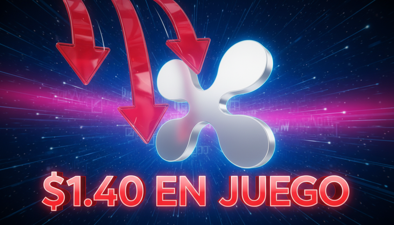 Gráfico 3D de XRP bajando con flechas rojas, resaltando el soporte de $1.40.