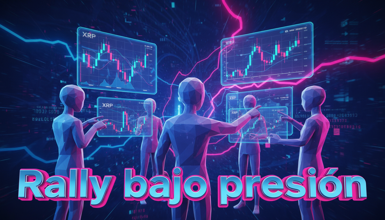Traders 3D estilizados analizando gráficos de XRP, reflejando tensión en el mercado.