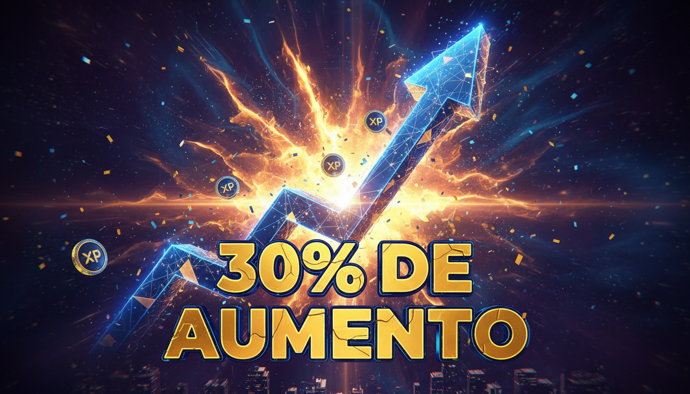 Gráfico 3D de XRP mostrando un aumento del 30% sobre fondo azul profundo.