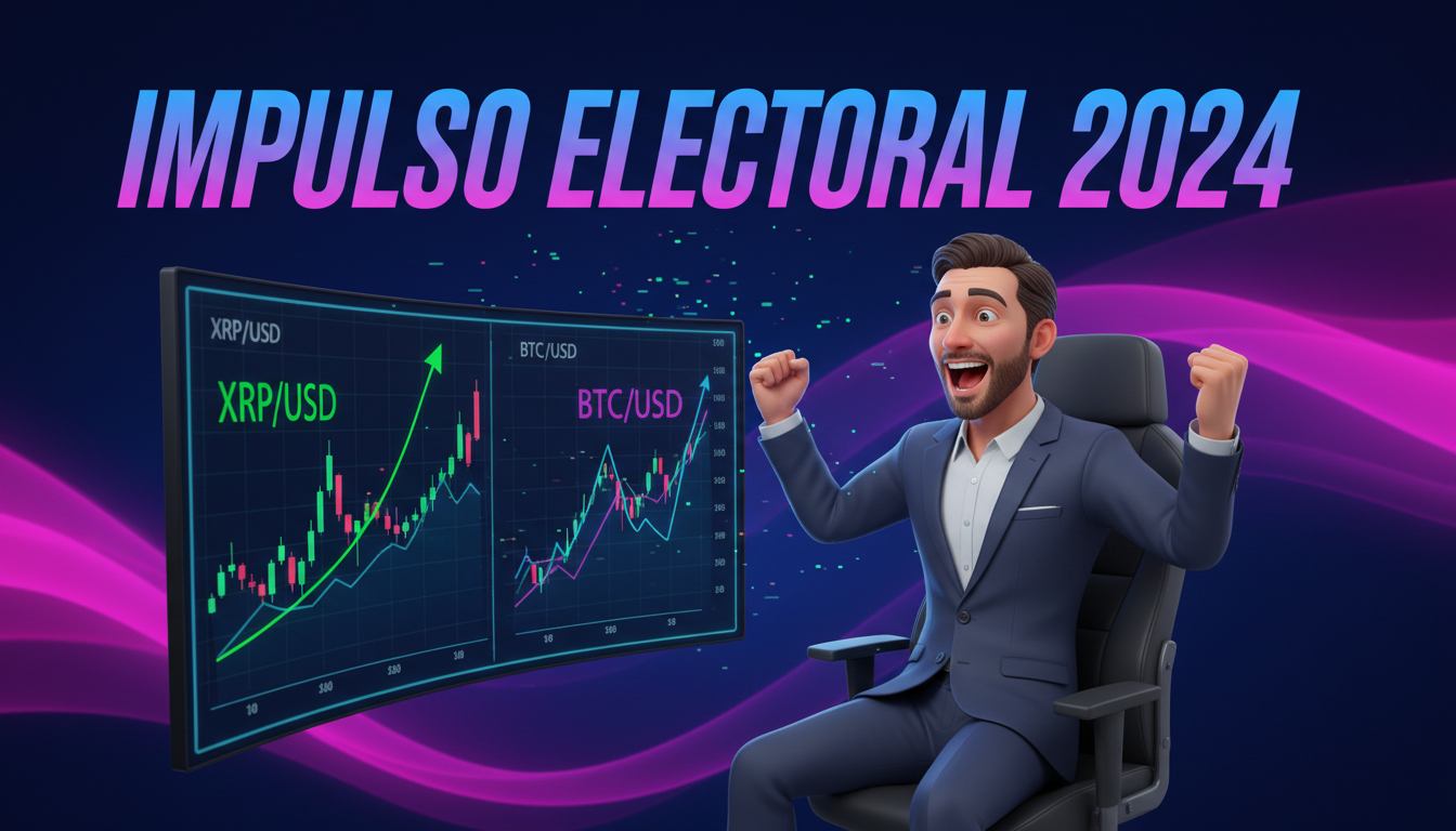 Trader 3D emocionado con gráficos de XRP y Bitcoin en pantalla, fondo azul y fucsia.