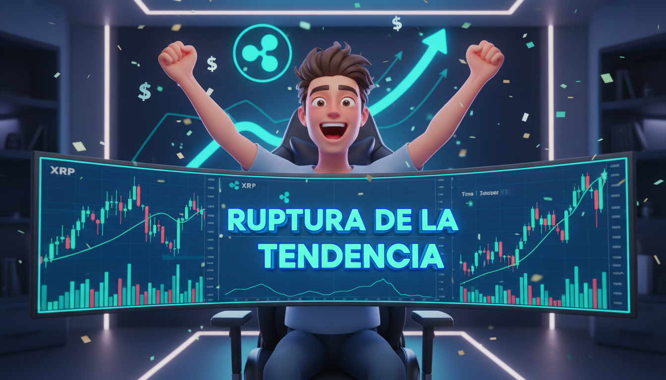 Trader celebrando el aumento de XRP con gráficos ascendentes de fondo.