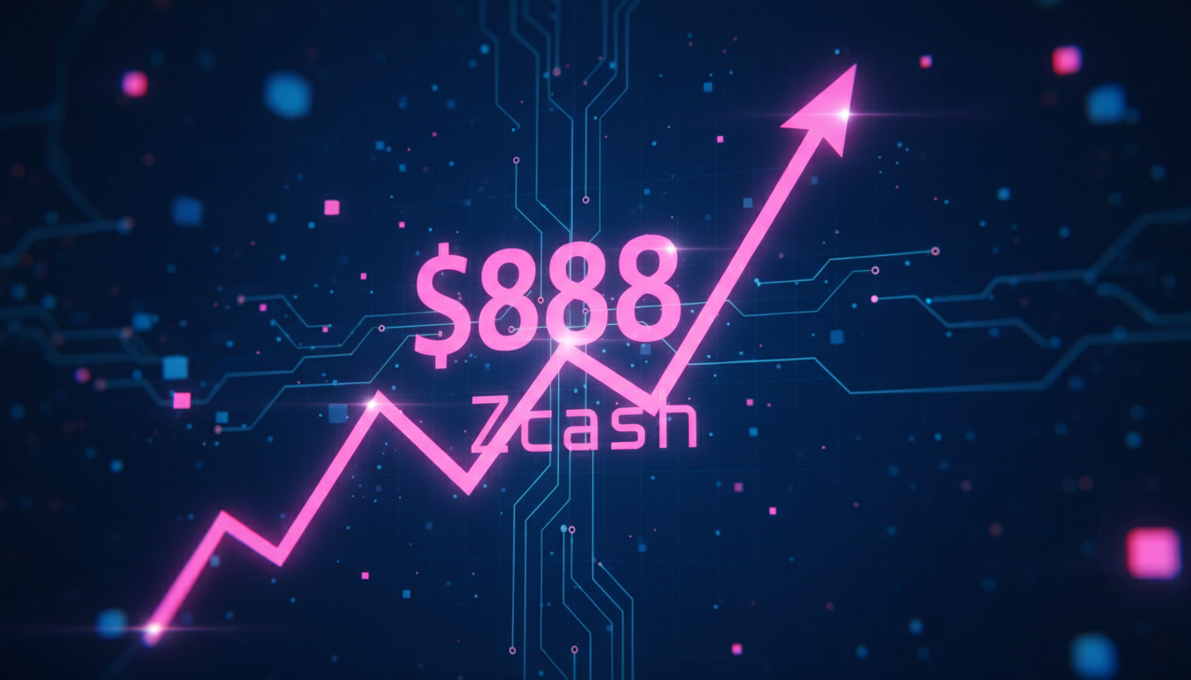 Gráfica ascendente de Zcash mostrando el precio de $888 sobre fondo azul profundo.