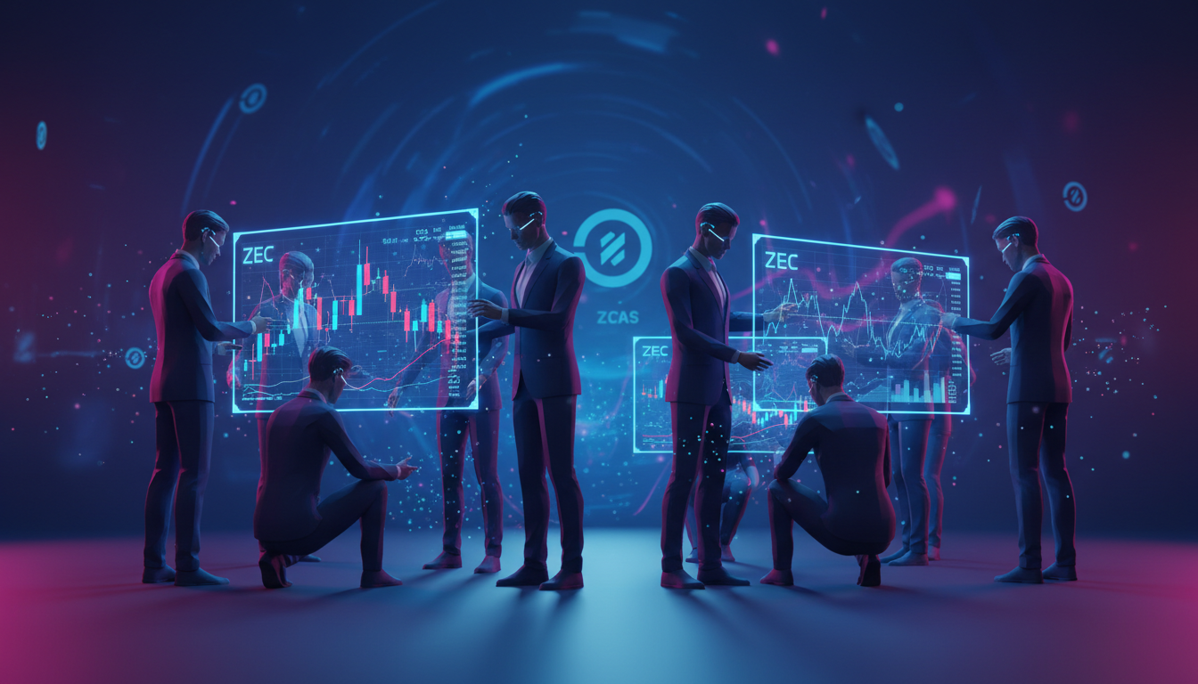 Traders estilizados analizando gráficos de Zcash en un entorno vibrante y dinámico.