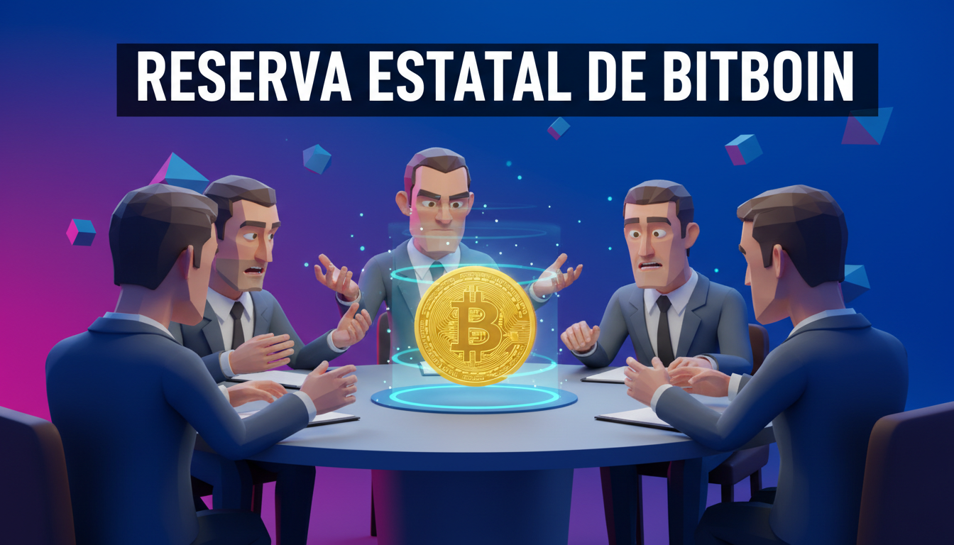 Escena 3D de políticos debatiendo sobre la reserva estatal de Bitcoin en Florida.