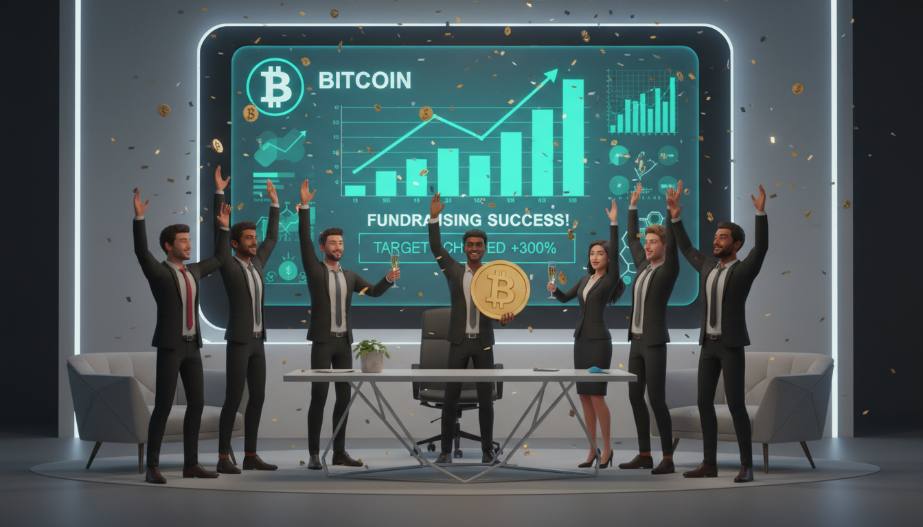 Inversores 3D celebrando el éxito de Zhibao en la recaudación de fondos en Bitcoin.