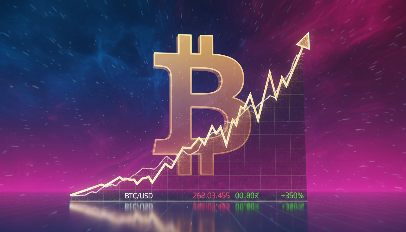 Gráfica de Bitcoin con tendencia alcista sobre fondo azul y fucsia.