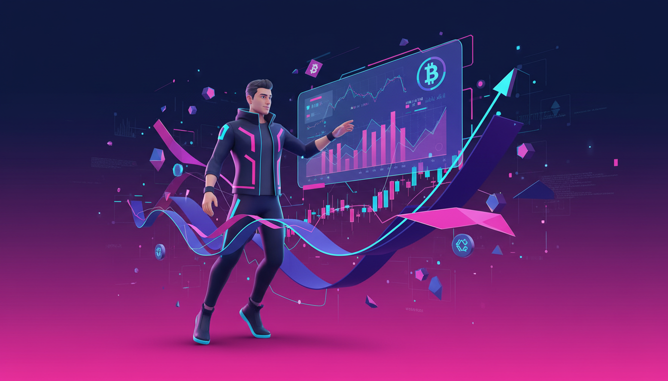 Trader 3D estilizado analizando gráficos de criptomonedas sobre fondo vibrante.