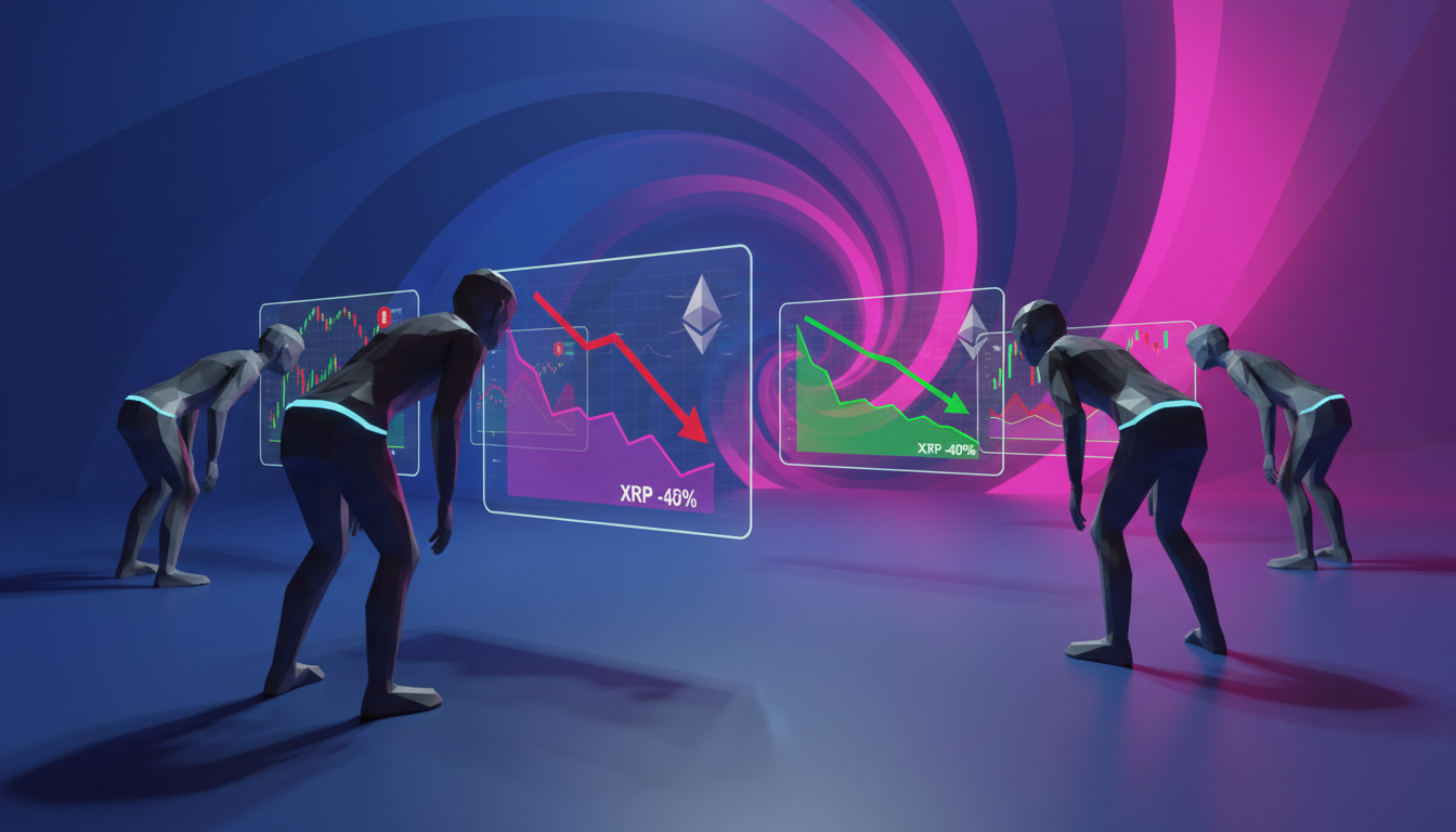 Inversores 3D observando gráficos de criptomonedas sobre caída de Ethereum y XRP