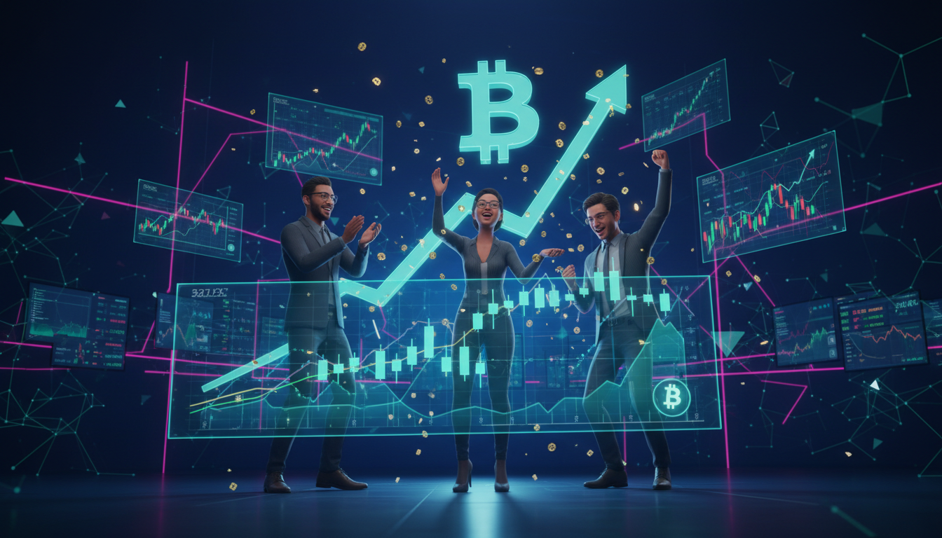 Traders 3D felices celebrando el repunte de Bitcoin en un entorno cripto vibrante.