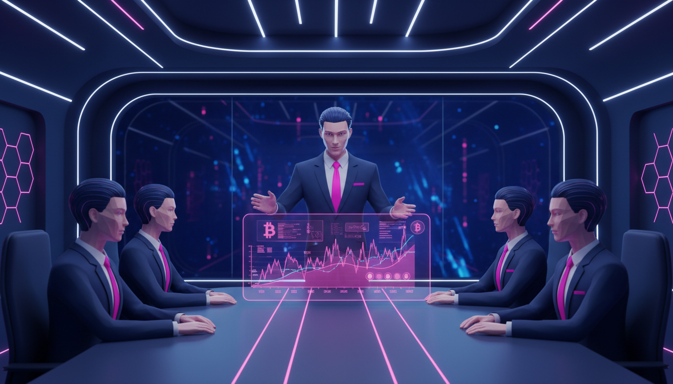 CEO de Strategy analizando gráficos de Bitcoin en sala de juntas moderna.