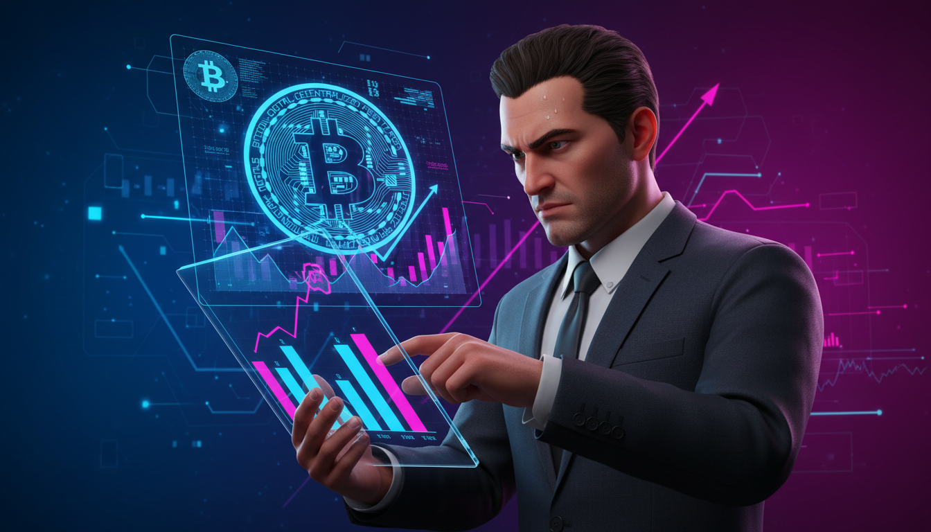 CEO de Strategy analizando gráficos de Bitcoin en un entorno corporativo dinámico.