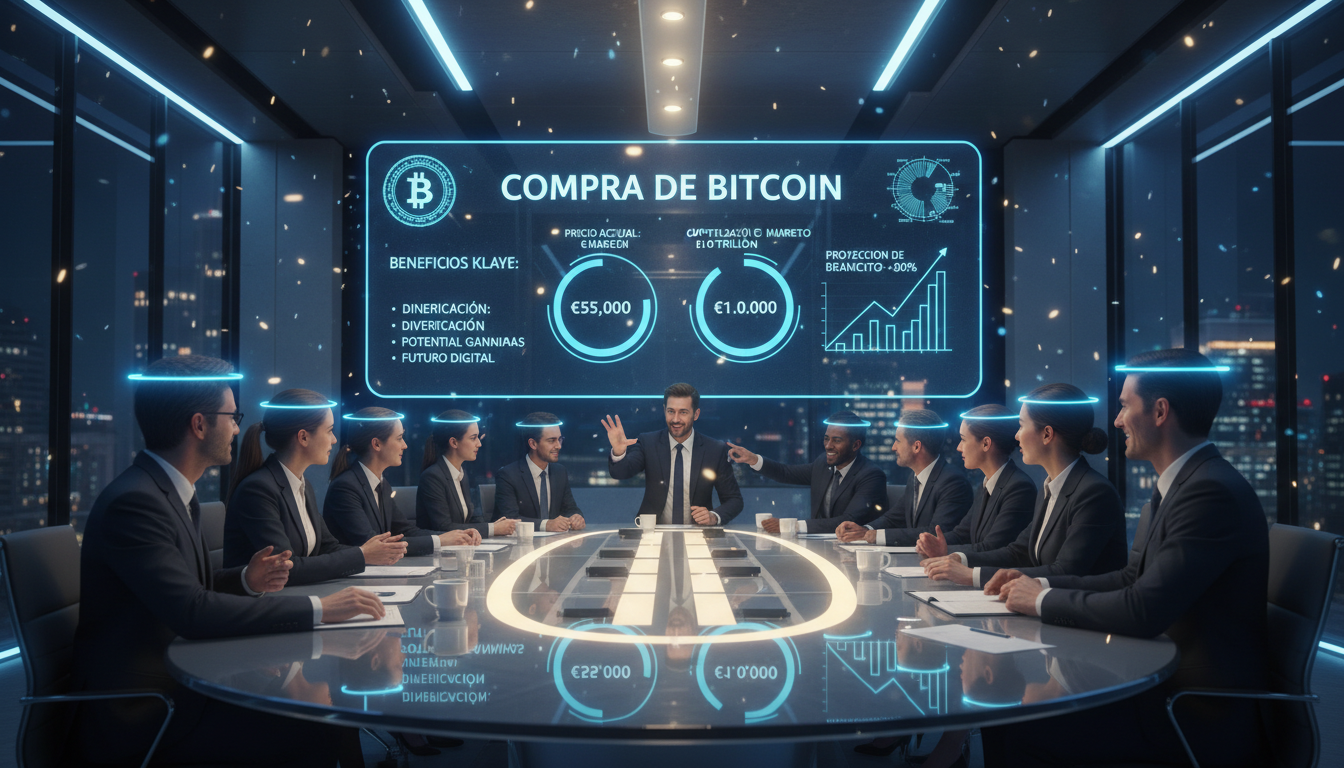 Reunión de ejecutivos discutiendo estrategia de compra de Bitcoin con datos visuales destacados.