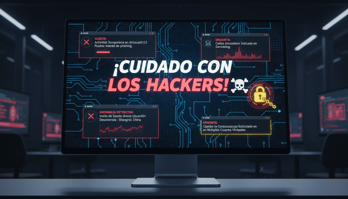 Pantalla 3D mostrando alertas de actividad sospechosa en cuentas de X.