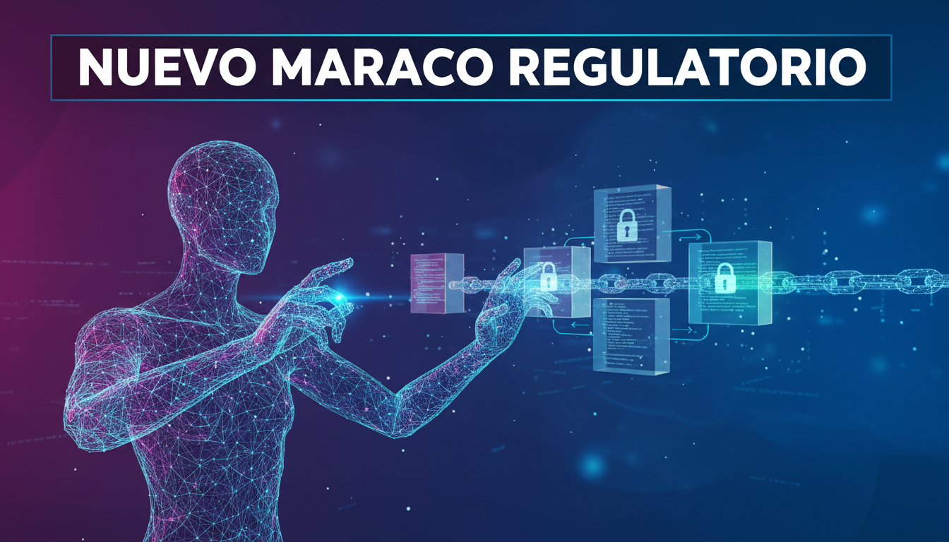Agente de transferencia digital interactuando con registros blockchain en un fondo dinámico.