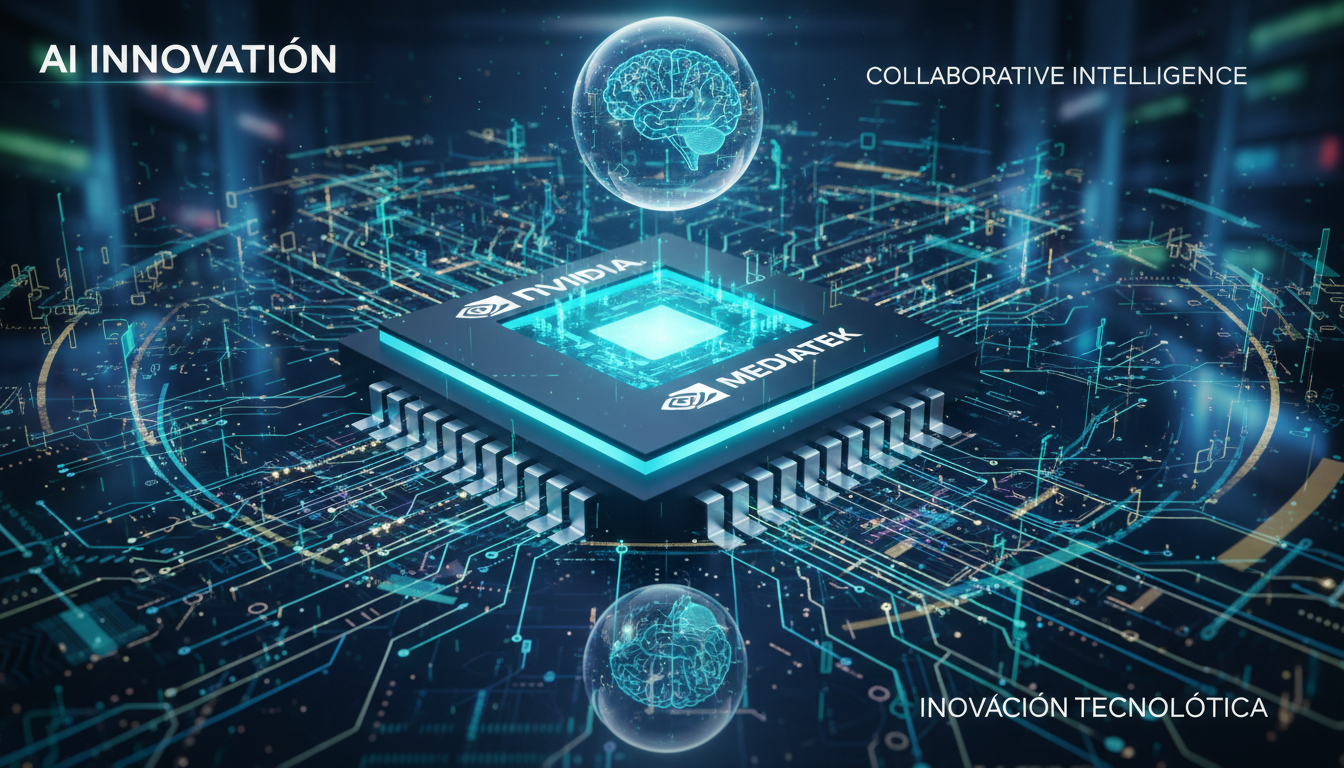 Nvidia y MediaTek trabajando juntos en un chip de IA sobre fondo azul.