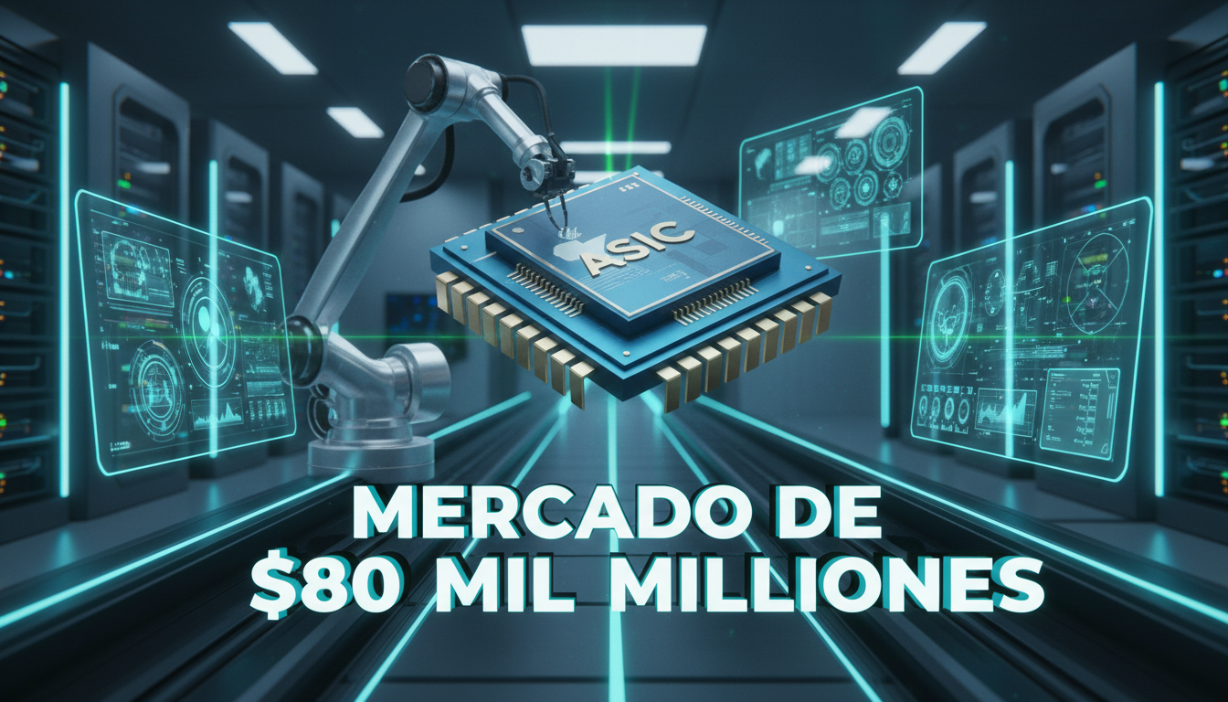 Chip ASIC en producción con enfoque moderno y texto en español sobre el mercado de IA.
