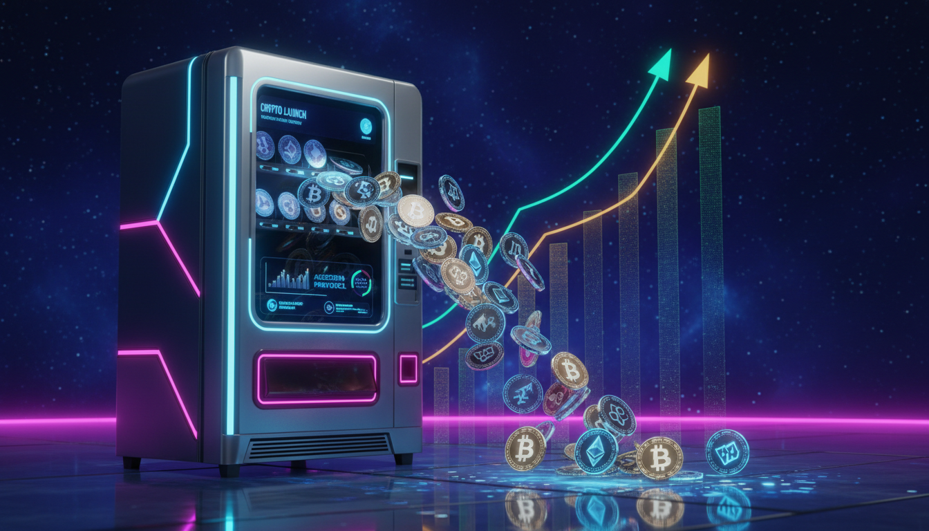 Máquina expendedora 3D lanzando criptomonedas en Robinhood Chain.