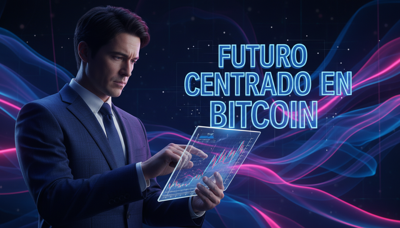 Análisis de gráficos de Bitcoin por ejecutivos de Remixpoint en un entorno corporativo futurista.