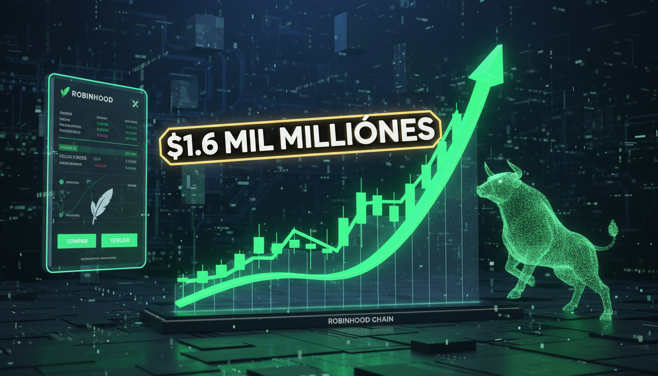 Gráfico 3D del volumen de trading en Robinhood Chain sobre fondo azul profundo.