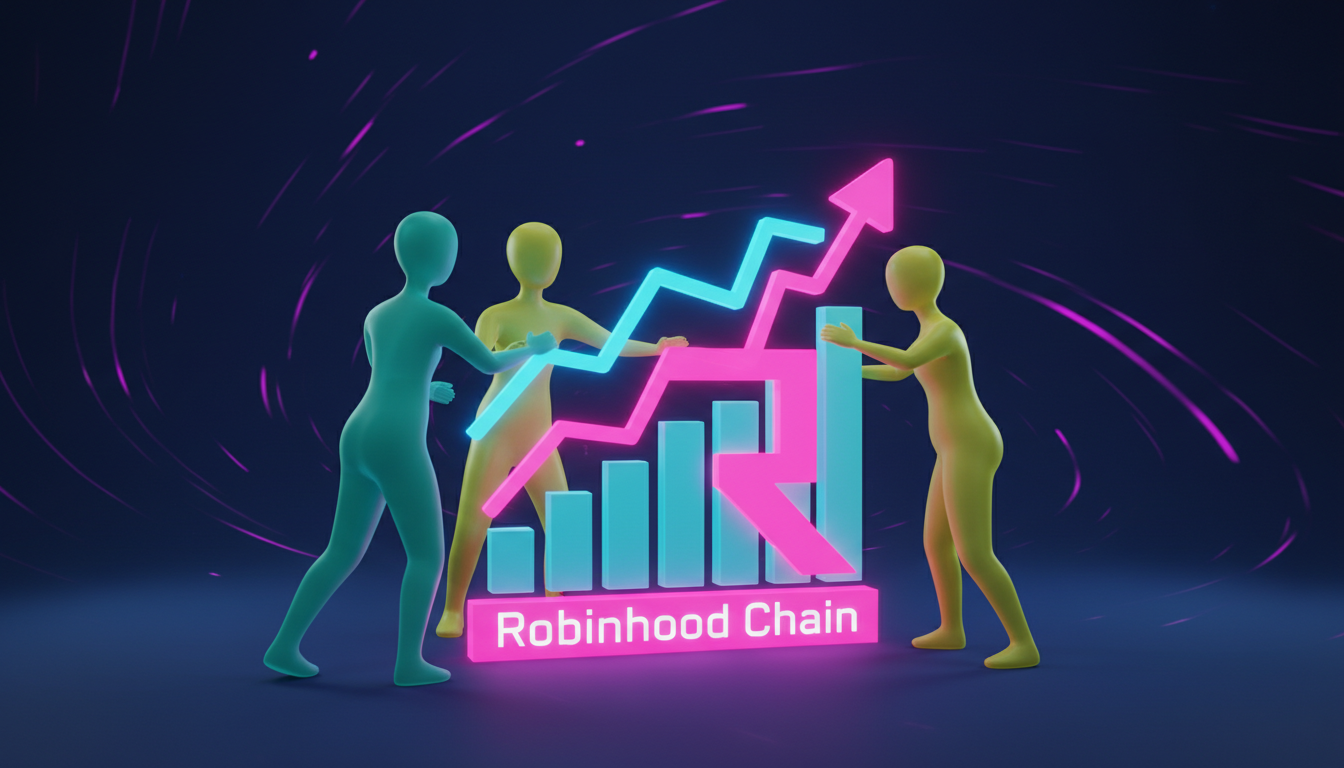 Personas 3D estilizadas celebrando el crecimiento de Robinhood Chain en un entorno de trading.