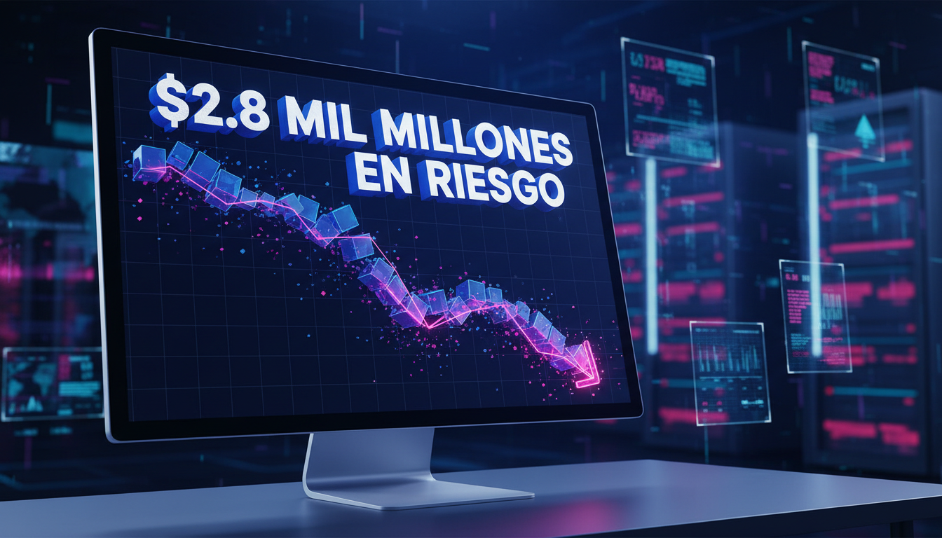 Gráfico de criptomonedas descendiendo con $2.8 mil millones en riesgo en pantalla.