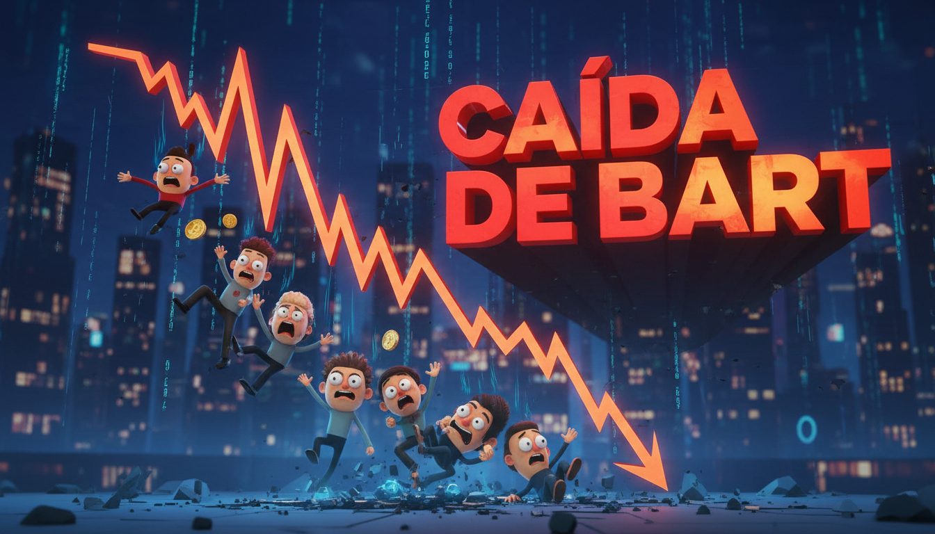 Gráfico de Bitcoin con caída dramática y texto sobre el patrón Bart Simpson.