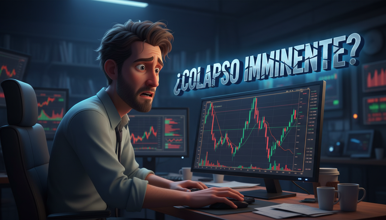 Trader preocupado mirando el gráfico de Bitcoin con texto sobre colapso inminente.