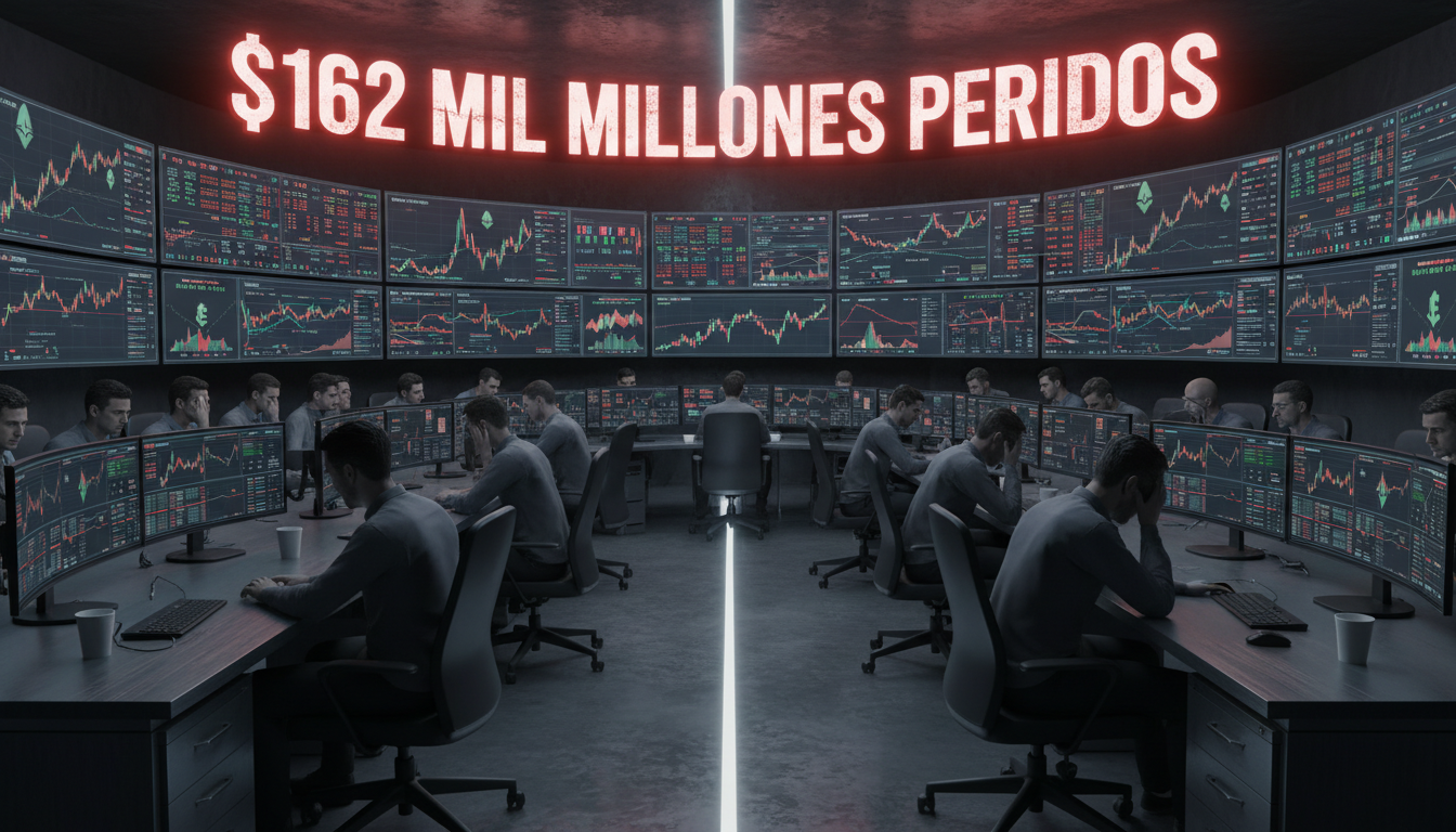Traders preocupados observando pantallas de precios de criptomonedas en una sala de operaciones.