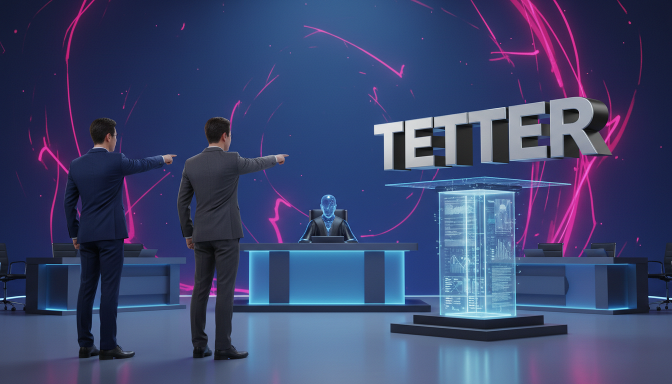 Dos empresarios 3D enfrentándose a Tether en un tribunal sobre fondo azul.