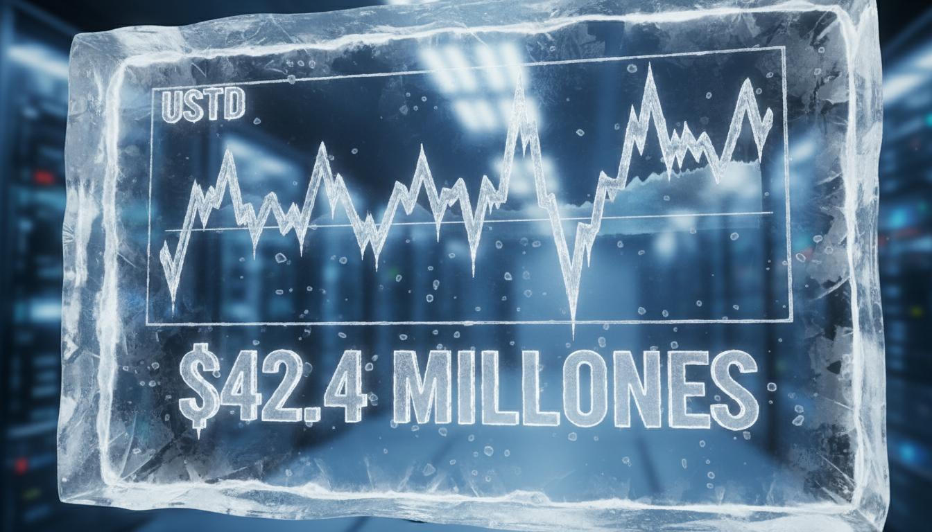 Gráfico 3D de USDT congelado con el texto '$42.4 millones' en colores vibrantes.