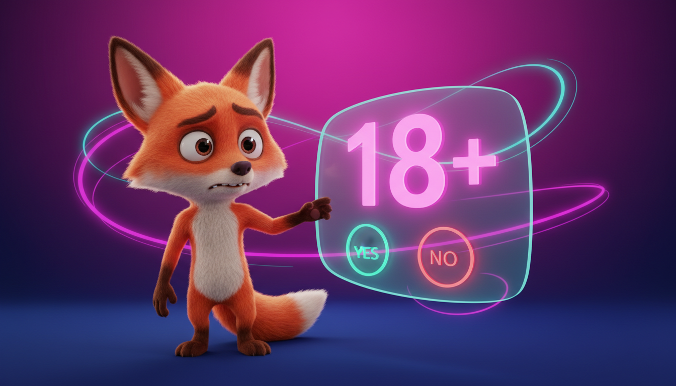 Personaje digital preocupado frente a un gráfico de verificación de edad en un entorno virtual.