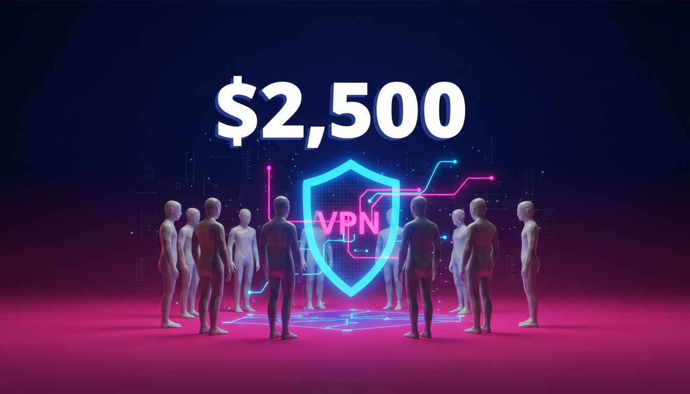 Grupo de personas estilizadas analizando un gráfico de VPN en un espacio digital interactivo.